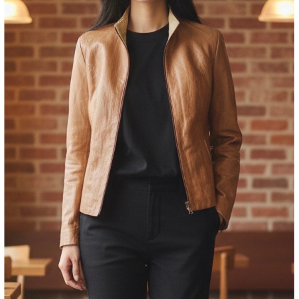 Denis Leather Works Women's Tan Leather Jacket Made in Italy 42 / US 6